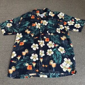 Sun Casuals Mens Tropical Cocktail Hibiscus Floral Rayon Aloha Shirt Navy Large